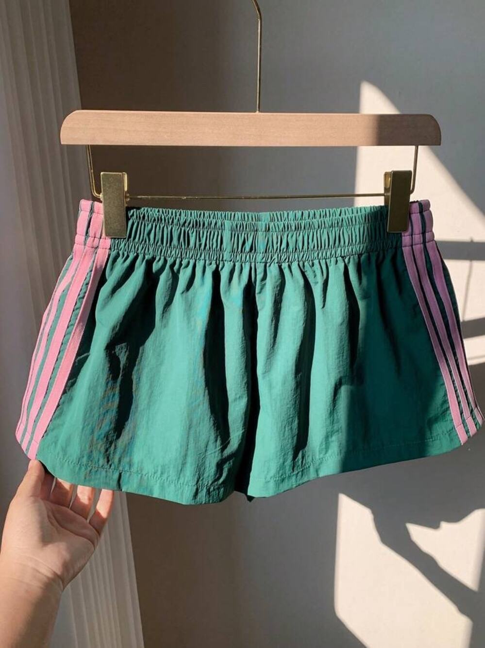 Unbranded Green Athletic Shorts Pink Side Stripes